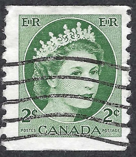 Canada #345 2¢ Queen Elizabeth II 1954). Green. Coil. Perf. 9 1/2 vert. Used.