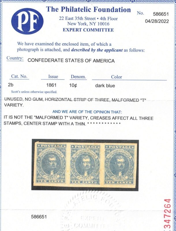 Confederate States Of America #2b Extra Fine Mint Strip Of Three - Light Creases