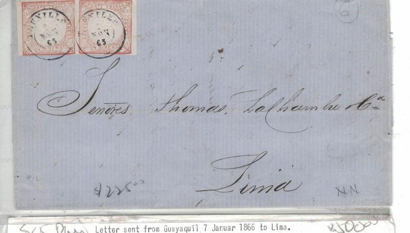 Peru 1D x 2 on 1863 cover Truxillo Cancels, Lima B/S (7bep)