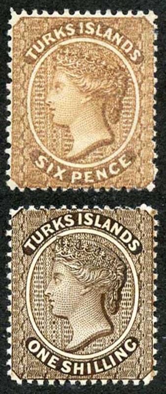 TURKS ISLANDS SG59/60 Wmk Crown CA Perf 14 6d and 1/- m/mint