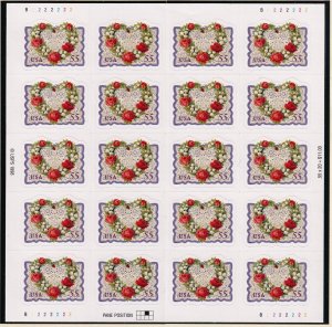 1999 Love Victorian Wreath 55c sheet of 20 Sc 3275 MNH pl no B2222222