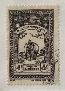 Cambodia 1954  Scott 30 used - 4pi,  elephant, plane,train, truck mail transport