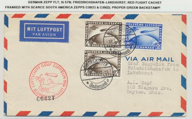 GERMANY -USA 1930 ZEPPELIN COVER,SCARCE SUDAMERIKA 2M &4m(2) GREEN B/S Si#57N