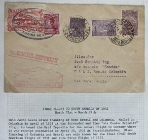 1932 Brazil Graf Zeppelin LZ 127 First Flight Airmail cover To Colombia Mixed Fr