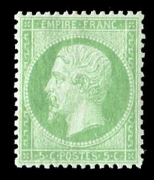 France, 1850-1900 #23 (YT 20) Cat€315, 1862 5c yellow green, beautifully ce...