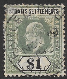 MALAYA STRAITS SETTLEMENTS SG119 1902 $1 DULL GREEN & BLACK USED