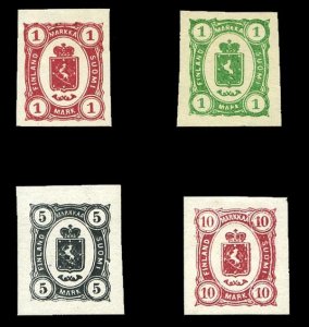 Finland, 1868 (ca) 1m (2), 5m and 10m, imperf. plate proofs in various colors...