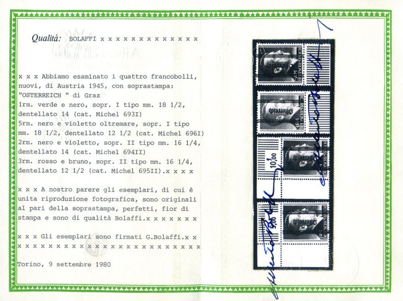 Overprinted 1945. Cert. Bolaffi.