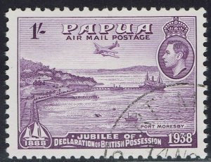 PAPUA 1938 KGVI 50TH ANNIVERSARY AIRMAIL 1/- USED 