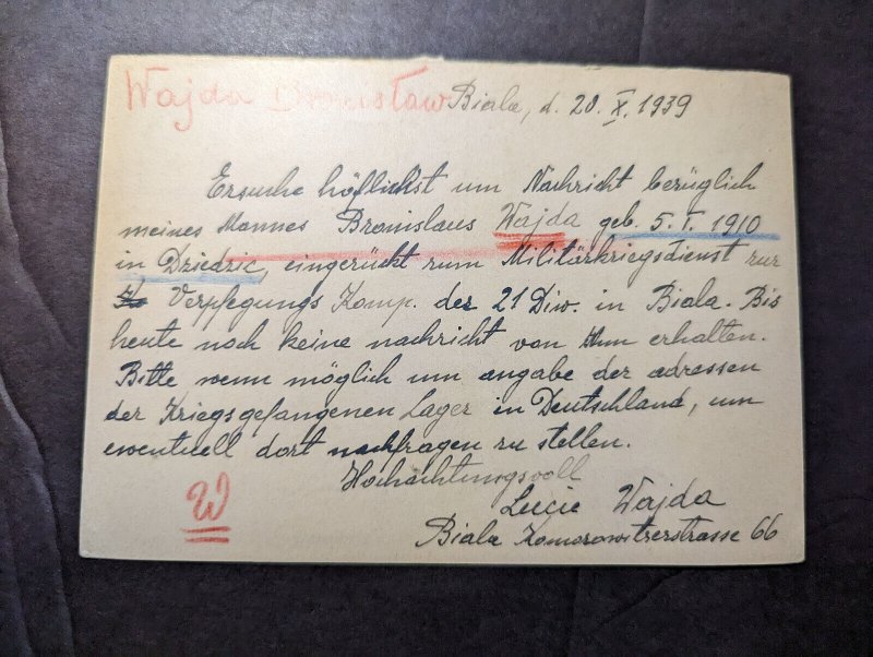 1939 Germany Poland WWII Red Cross Postcard Cover to Krakow