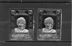 SHARJAH 1972 WINSTON CHURCHILL SET OF 2 STAMPS PERF. & IMPERF. SILVER FOIL MNH