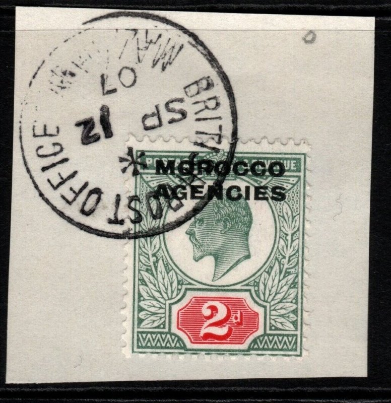 MOROCCO AGENCIES SG33 1907 2d PALE GREY-GREEN & CARMINE-RED FINE USED ON PIECE
