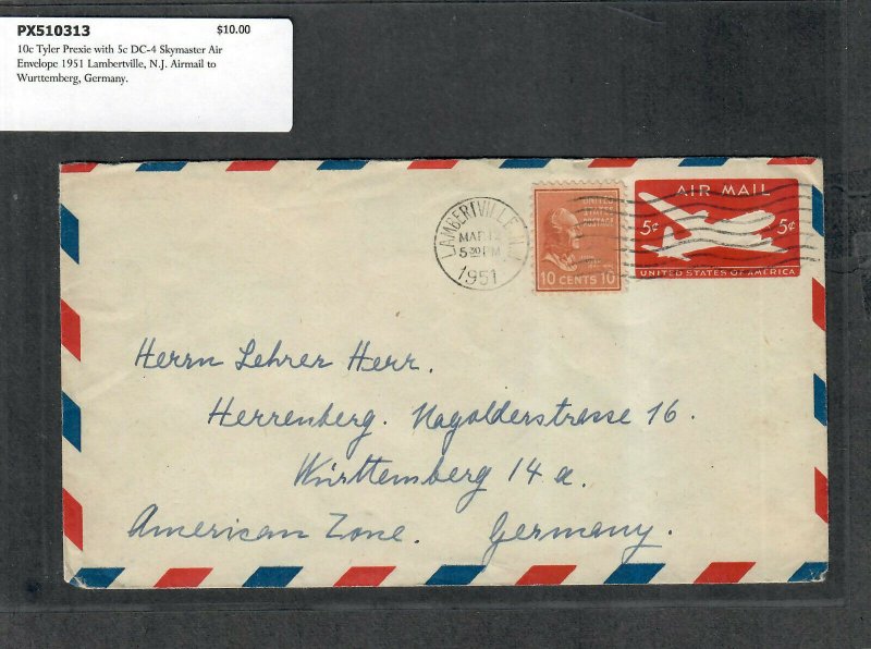 1951 Prexie Cover 10c Tyler Lambertville NJ Airmail