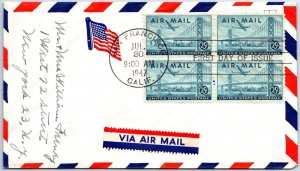 U.S. FIRST DAY COVER 25c AIRMAIL BLOCK OF (4) TRANS-PACIFIC RATE 1947