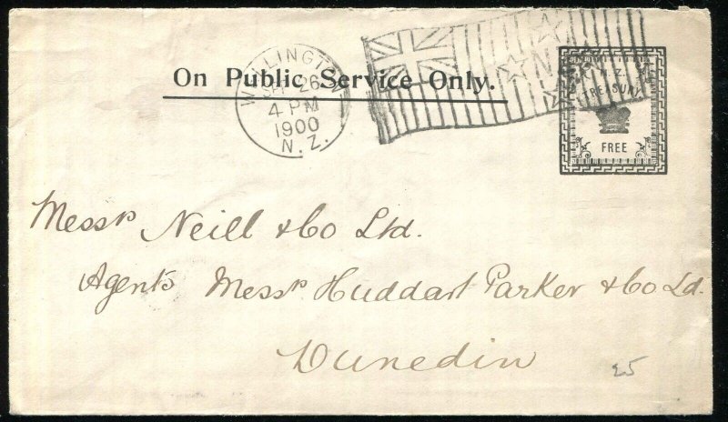 NEW ZEALAND 1900 Envelope TREASURY / FREE Wellington-Dunedin, Flag Cancel