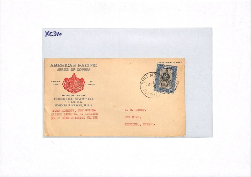 PAPUA Cover Port Moresby USA Hawaii 1934 SS LURLINE Matson Line {samwells}XC316