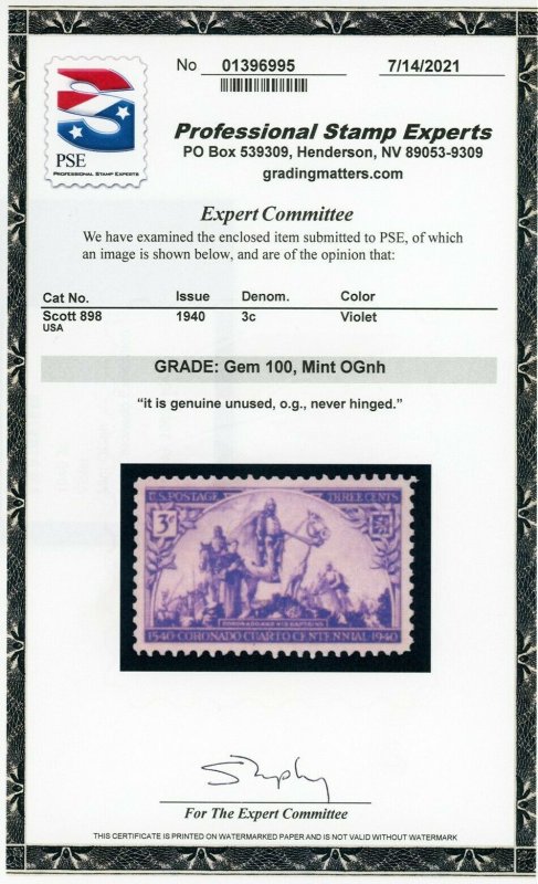 US Stamp #898 Coronado Expedition 3c, PSE Cert - GEM 100 - MOGNH - SMQ $160.00