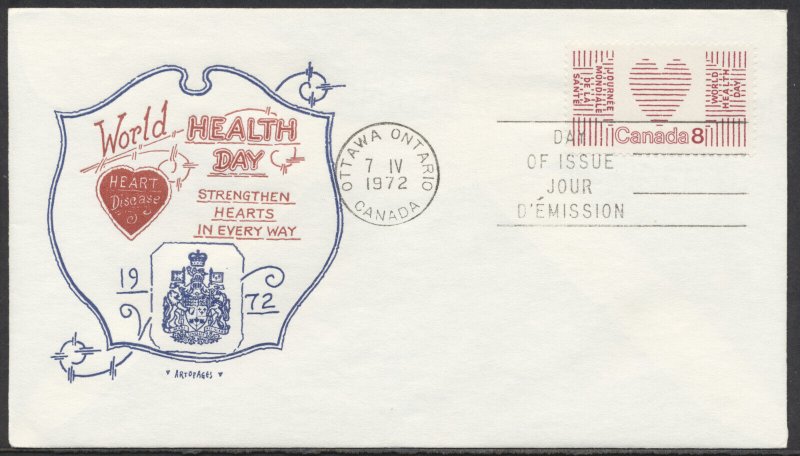 1972 #560 UN World Health day FDC Artopages Cachet Ottawa