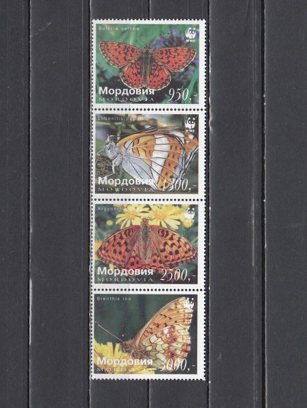 Mordovia, 204-207 Russian Local. Butterflies on a strip of 4.  W.W.F. logo.