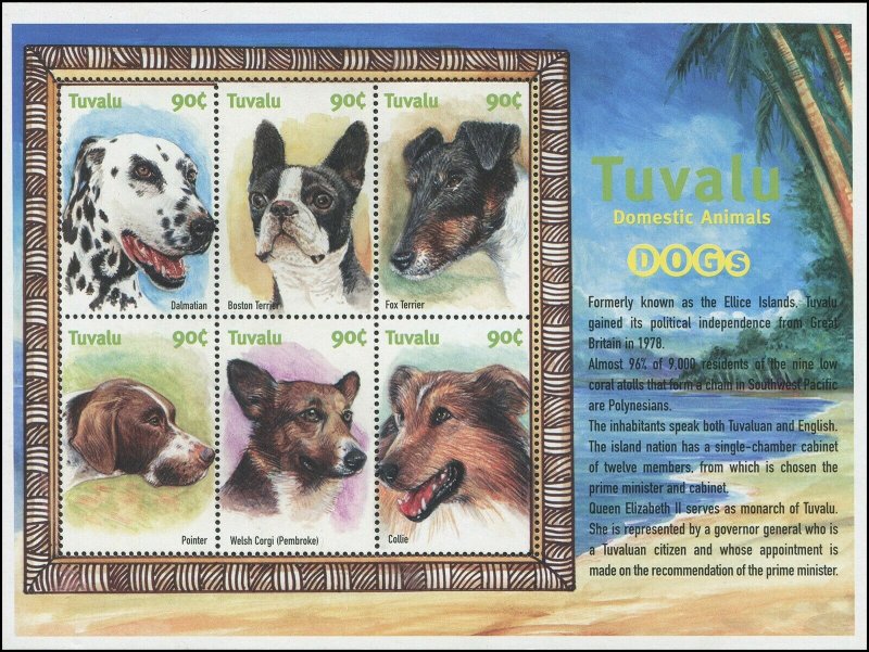 Tuvalu 2000 Sc 838 Dogs Corgi Dalmatian Terrier Collie Pointer CV $5.65