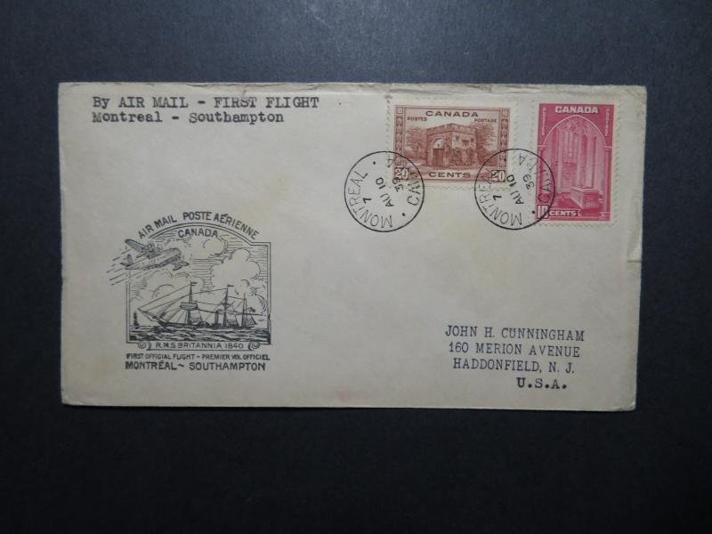 Canada 1939 Montreal to Southampton First Flight Cover / Top Creasing - Z11245 