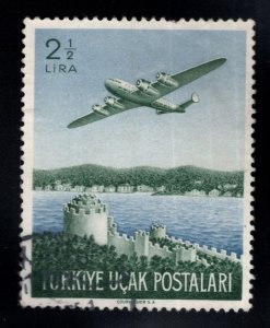 TURKEY Scott C18 Used 1950 Plane Over Rumeli Hisari Fortress airmail stamp