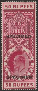 INDIA 1904 KEVII Telegraph 50R carmine, SPECIMEN. Rare!