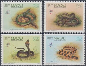 MACAO Sc # 592-5 CPL MNH - REPTILES, 4 DIFF SNAKES