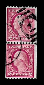 US 1915 SC# 450  2 c Washington Coil Pair  - USED  - # 1 Cancel  Vivid Color -