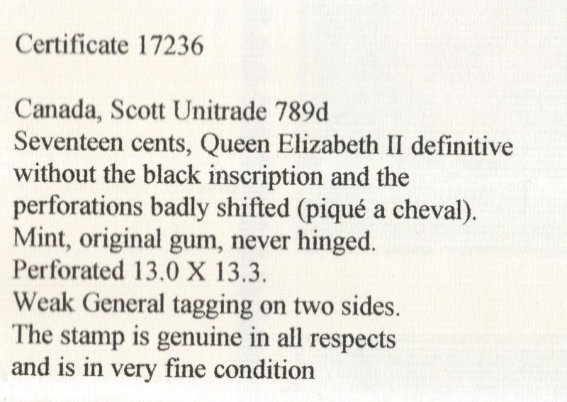 Canada #789d Mint Black Inscriptions Omitted & Printing Shift Variety *Cert.*