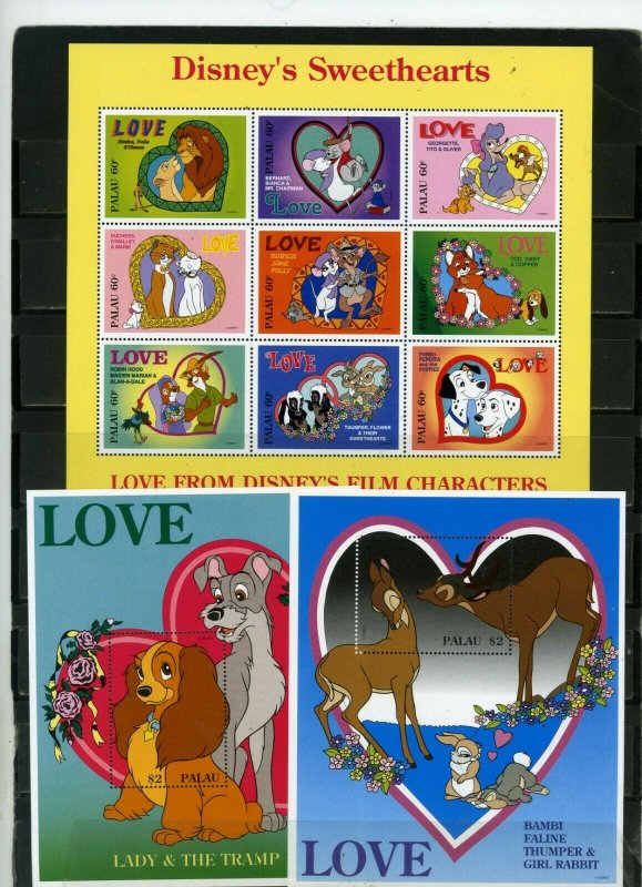 PALAU 1996 Sc#393-395 WALT DISNEY LOVE SHEET OF 9 STAMPS & 2 S/S MNH 