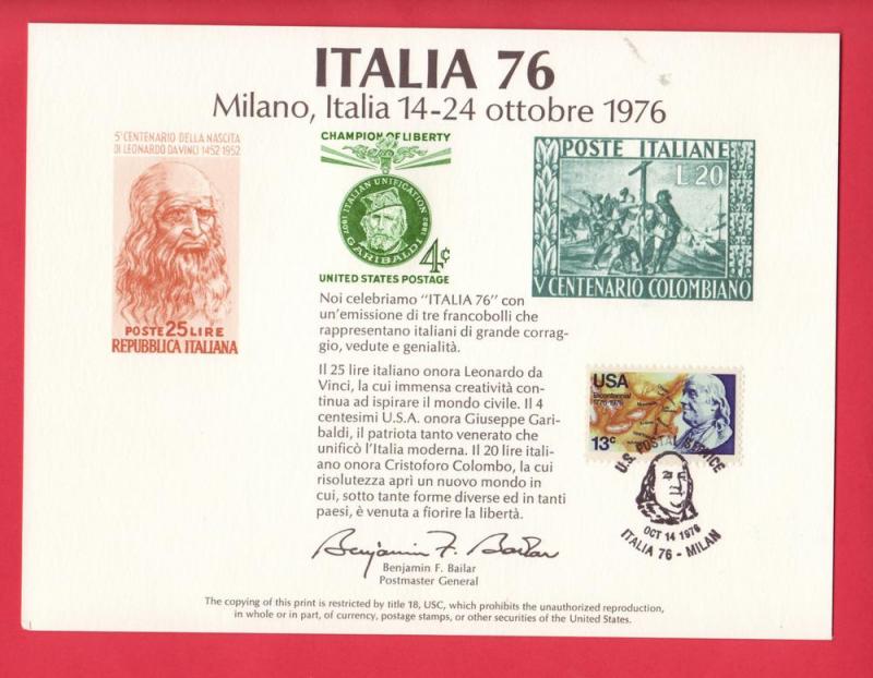 Italia 76 BEP Souveneir Card Cancelled with Ben Frankli