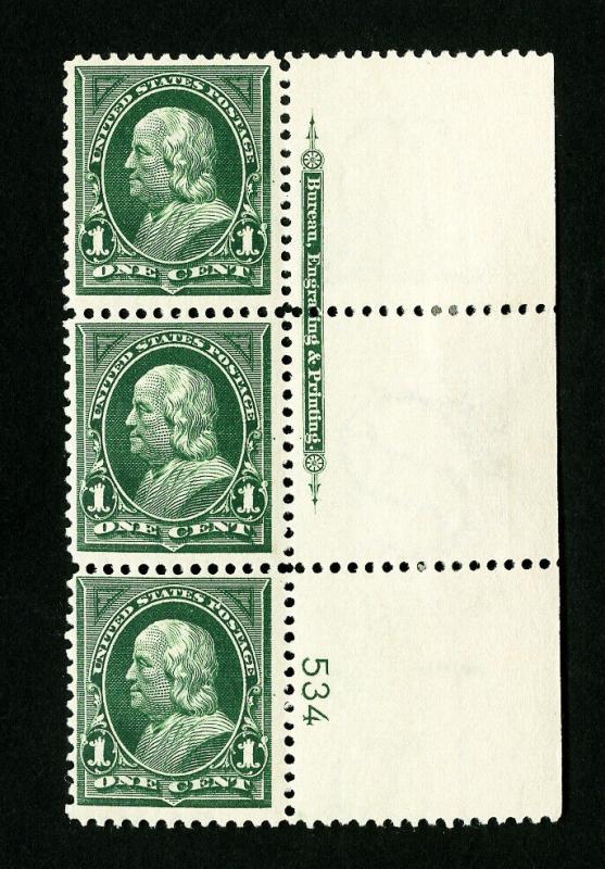 US Stamps # 279 VF Strip of 3 w/ Plate Block & Impt. OG NH Catalog Value $85.00