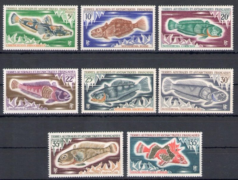 1971-72 TAAF - FRENCH ANTARCTIC - fish - Yvert catalogue no. 34/38 + 43/45 - 8 v