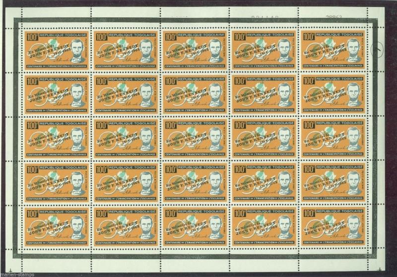 TOGO JOHN F. KENNEDY MEMORIAL OVPT'S ON ABE LINCOLN SET IN SHEETS OF 25 MINT NH