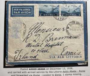 1938 Addis Ababa Ethiopia Airmail Cover To Mental Hospital Clare Ireland