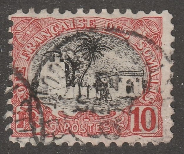 Somali Coast Postage Stamp Scott#53, Used Hinged 10, Palm, House, Post mark