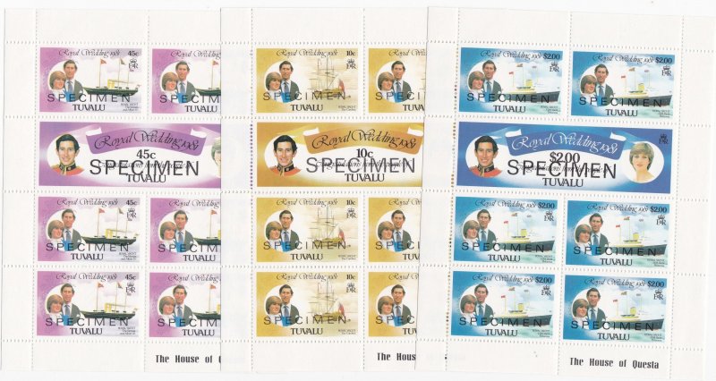 Tuvalu # 157-162, Royal Wedding Full Sheets with SPECIMEN Overprints, NH
