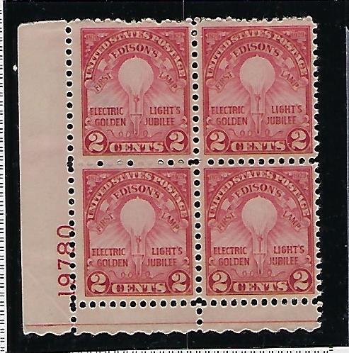 US #655  1929 ELECTRIC LIGHT -  PLATE# BLOCK OF 4  -MINT NEVER HIGED