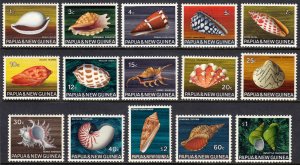 PAPUA NEW GUINEA — SCOTT 265-279 — 1968-69 SEA SHELL SET — MNH — SCV $28.55