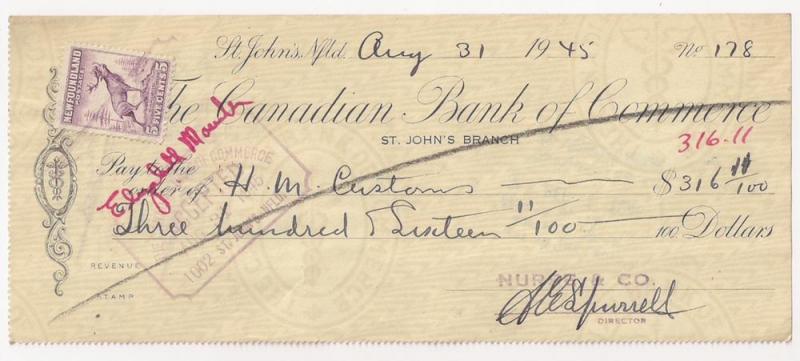 Newfoundland: #191 5c Caribou Fiscal Use on 1945 check Nfld