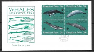 PALAU 1983 WWF WHALES Set Sc 24-27 as Se-tenant Block on Cachet FDC