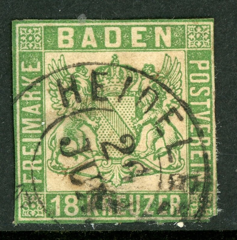 Germany States 1865 Baden 18 Kr Green (No Perfs) Scott #24 VFU G429