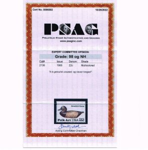 EXCEPTIONAL GENUINE SCOTT #2138 MINT PRISTINE OG NH PSAG CERT GRADED SUPERB-98