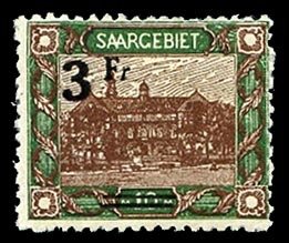 Saar #97var (Mi. 82I) Cat€45, 1921 3fr on 10m, without period after Fr va...