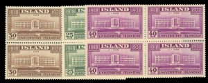 Iceland #209-211 Cat$156, 1938 University of Oslo, complete set in blocks of ...