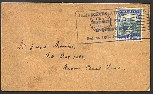 JAMAICA 1938 cover large STAMP EXHIBITION commem cancel in blue............93332