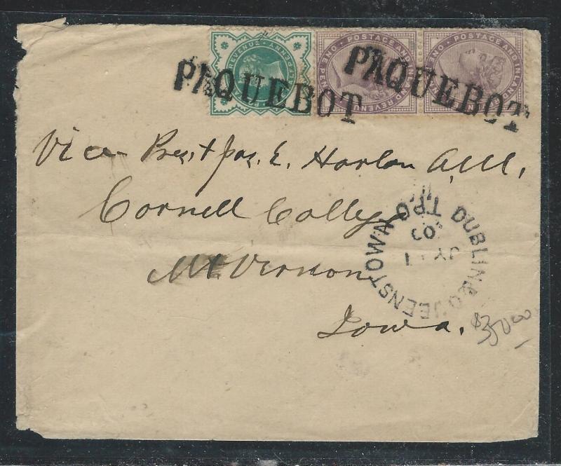 IRELAND (P0612B) 1900 QV GB USED IN, PAQUEBOT CANCEL, DUBLIN TPO TO USA