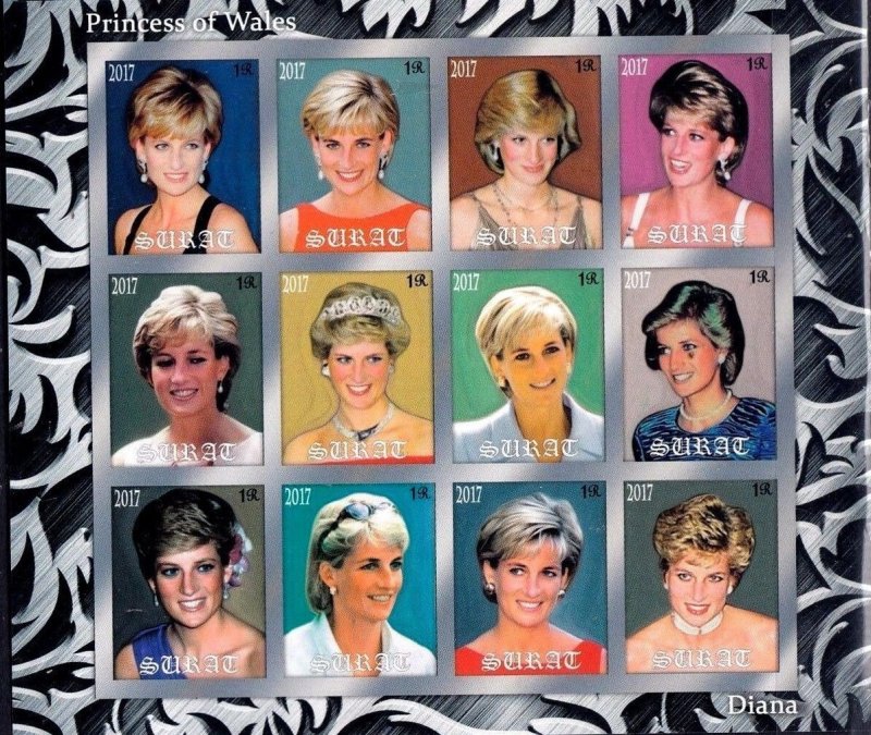 INDIA, SURAT - 2017 - Princess Diana - Imperf 12v Sheet - Mint Never Hinged