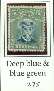 Sg 275 Rhodesia 5 Deep Blue & Blue-Green. Mounted Excellent Cat Condition-